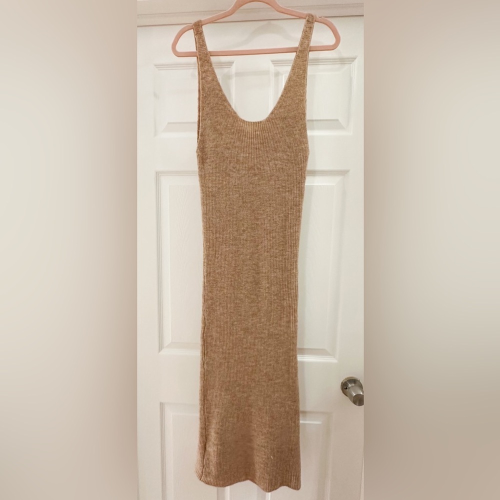 Commense Sleeveless V Neck Sweater Knit Midi Maxi Dress Neutral Brown Tan Small - Picture 5 of 5